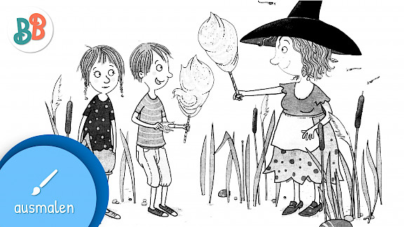 Ausmalbild: Petronella mit Zuckerwatte